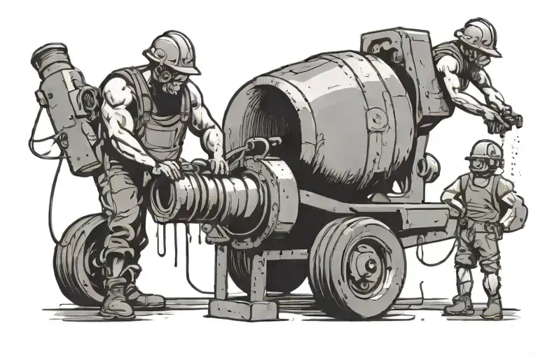 The two characters facing each other with a jackhammer and cement mixer as though they are fixing a back vertabrae tattoo design idea
