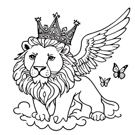 Lion with king crown,wings, clouds, “maybe in another life”(with small butterfly at the end)- June 24, 2006-February 18, tattoo design idea