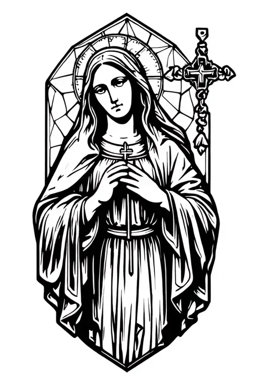 virgin mary holding rosary with gothic theme tattoo design idea