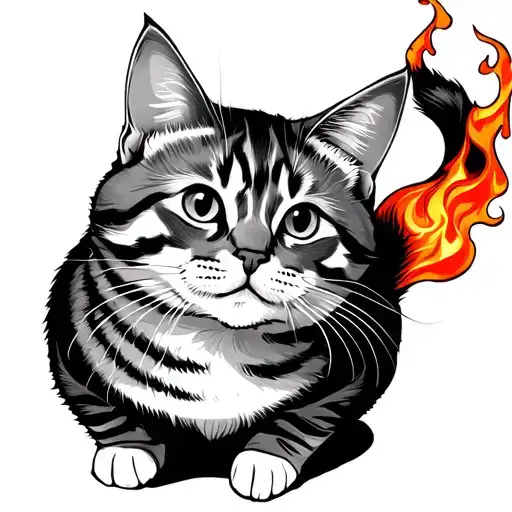fat tabby cat with flame tail tattoo design idea
