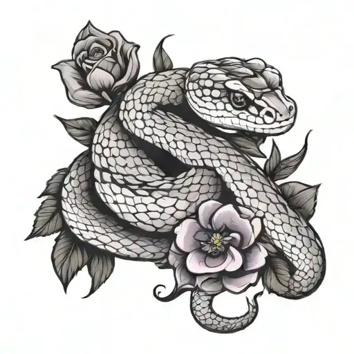 snake with purple flower bouquet tattoo design idea