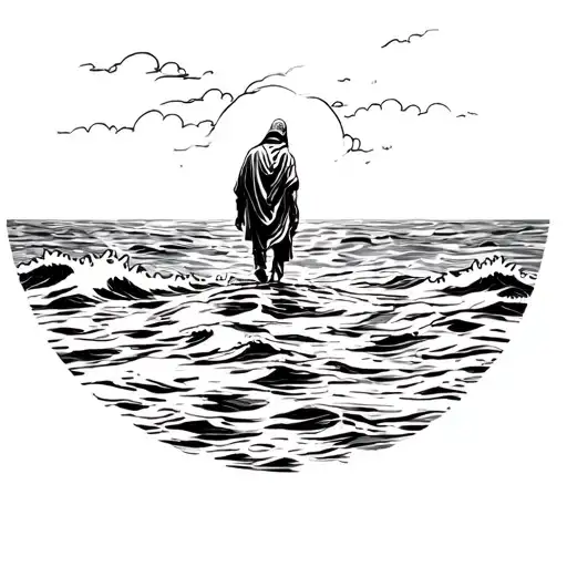 lone figure walking lightly across calm ocean waves, abstract flowing lines, freedom and surrender tattoo design idea