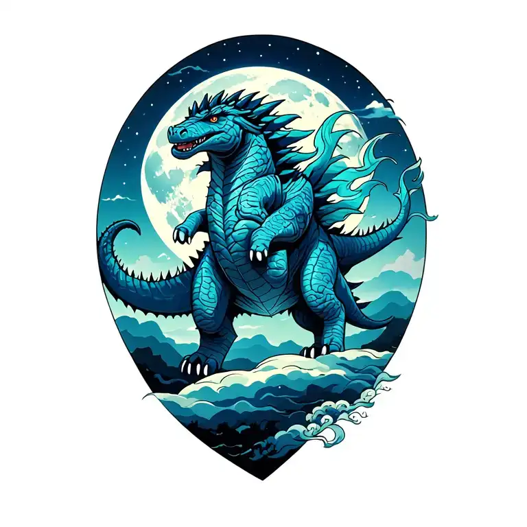 My little pony riding a godzilla in a japanese moonlight tattoo tattoo design idea