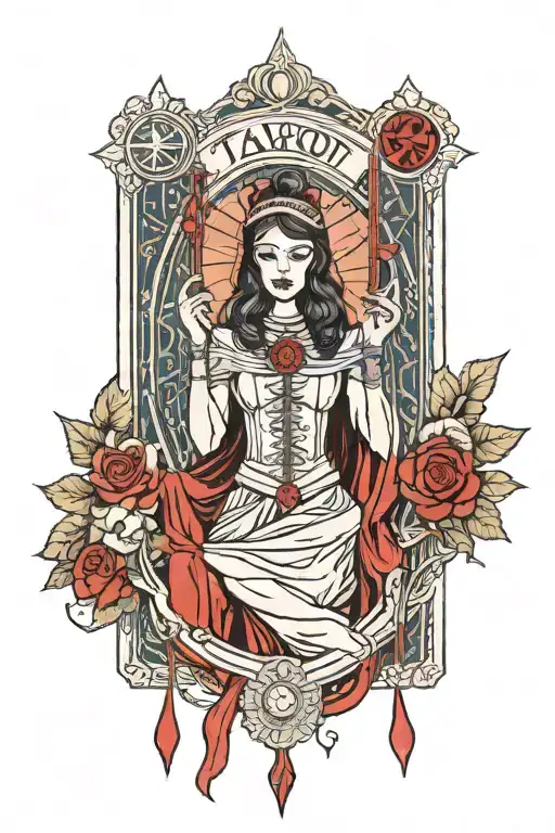 A tarot card design featuring The High Priestess and The Three of Swords, with a red string of fate connecting them, representing your deep connection with your wife and the pain of loss tattoo design idea