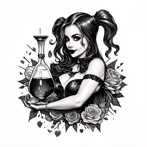 Arm tattoo that inspired by harley quinn and love potions tattoo design idea