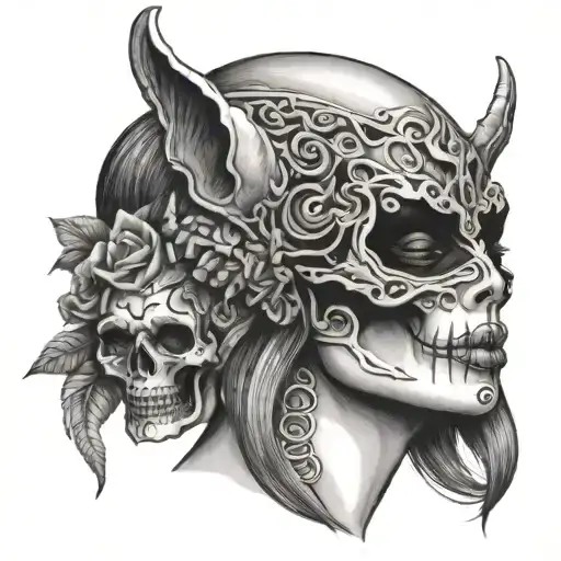 LILLITH WITH SKULL MASK  tattoo design idea
