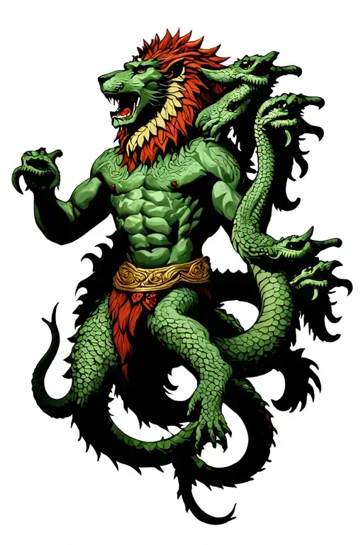 greek hydra full body monster, with multiple heads fighting hercules who has a lion hood (like in the mythology) tattoo design idea