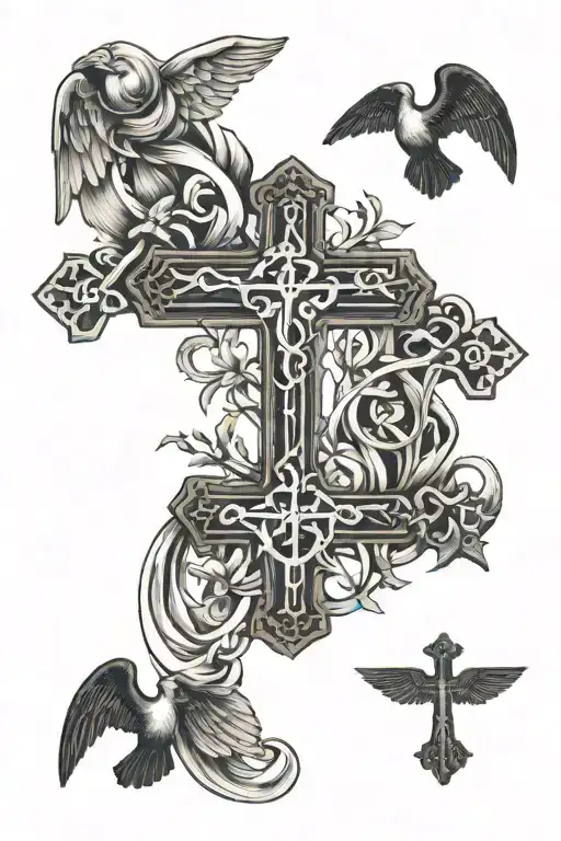 cross with scriptures inside of the cross and 3 doves flying around it with crown of thorns on top of the cross  tattoo design idea