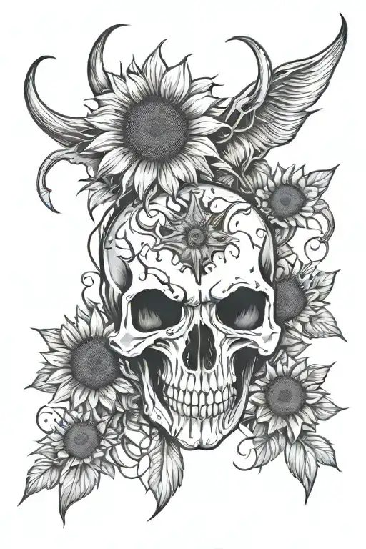 barb wire, longhorn skull, sunflowers down spine pretty feminine tattoo design idea