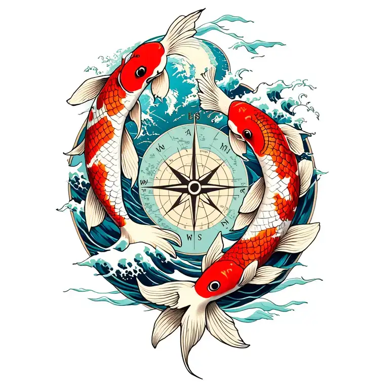 2 koi fish, japanese wave, world map, compass rose with intricate details tattoo design idea