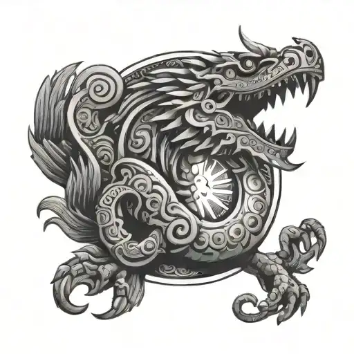 quetzalcoatl with chichen-itza solar eclipse background tattoo design idea