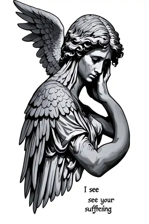 weeping angel facing towards with hand on face  tattoo with words " I see your suffering" tattoo design idea