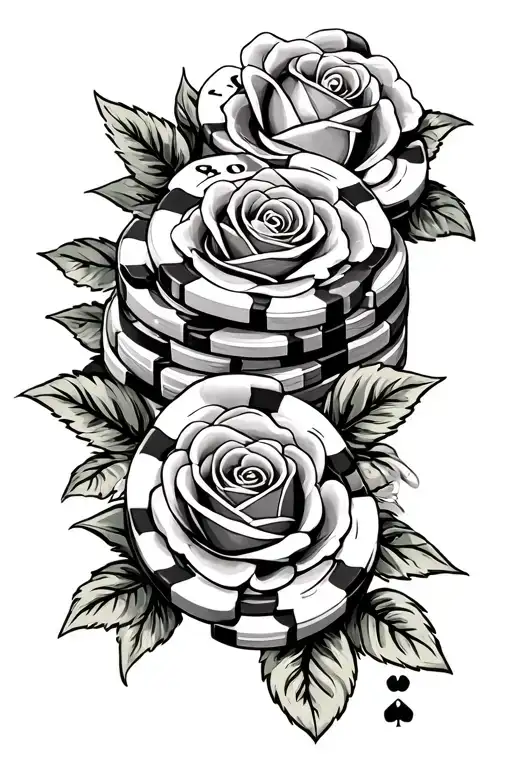 Poker chips with roses and money on far arm sleeve tattoo design idea