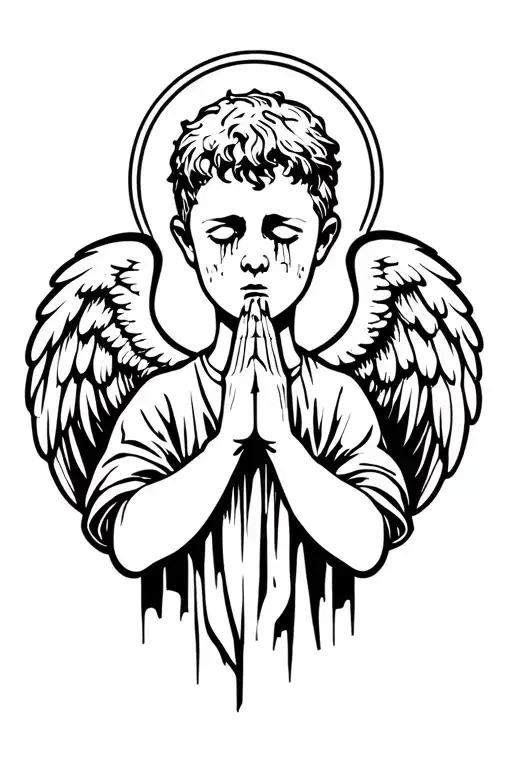 boy angel praying hands holding crying tattoo design idea