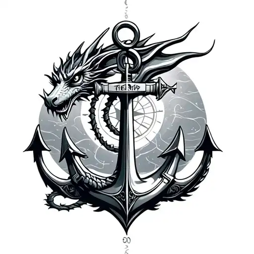 Mystical dragon, anchor in hand, compass tattoo design idea