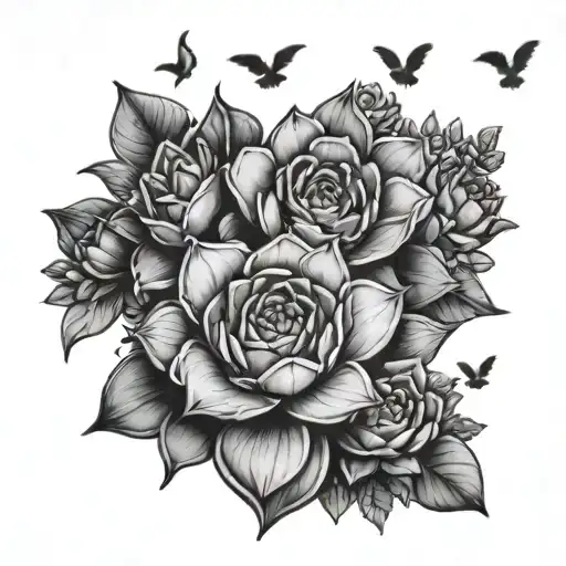 succulents, extra small silouets of birds flying in the sky tattoo design idea