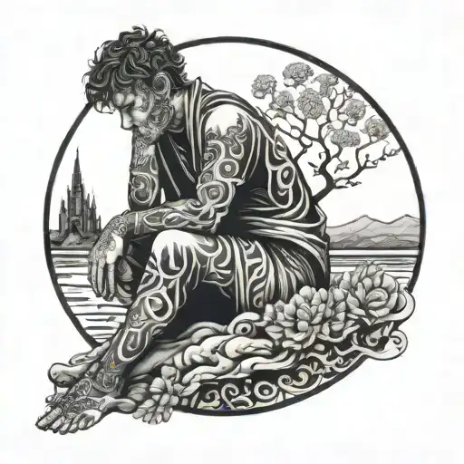 A tattoo of a mysterious figure contemplating the mysteries of life and love tattoo design idea