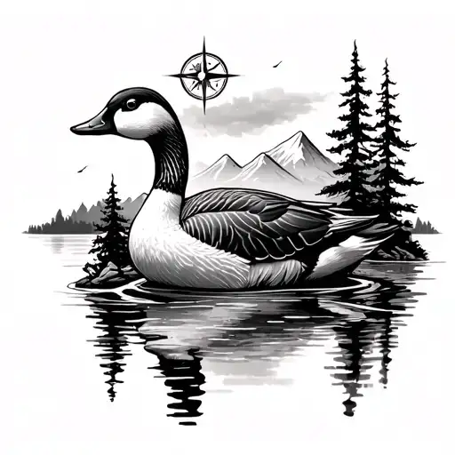 baby goose, compass, nature with water trees and mountain tattoo design idea