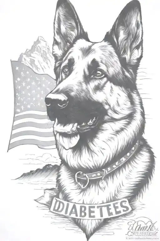 German shepherd portrait saying "diabetes" mountain scene American flag waving tattoo design idea