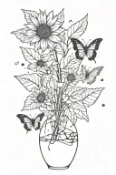 cracked vase with single sunflower leaves made of butterflies with a break in the stem that looks like a semicolon  tattoo design idea
