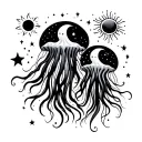 two jellyfish, one with moons and starts connected to it and one with suns connected to it tattoo design idea