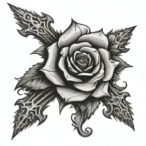 cross made of spines and rose intertwined tattoo design idea