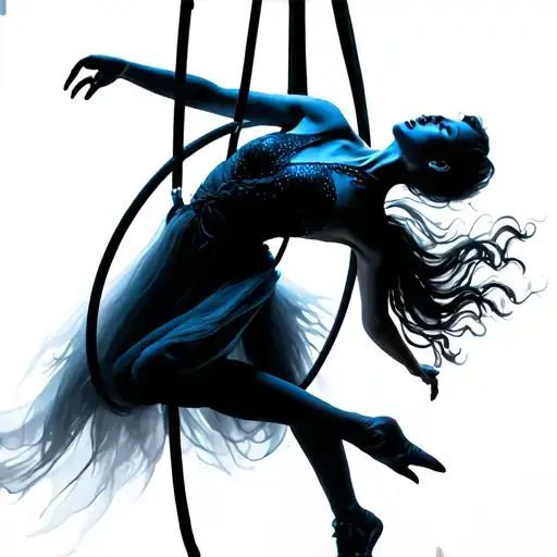 shows a performer doing aerial hoop (lyra) against a dramatic blue-lit tattoo design idea