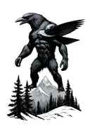 Bigfoot, mountains, trees, spaceship, alien, crow tattoo design idea