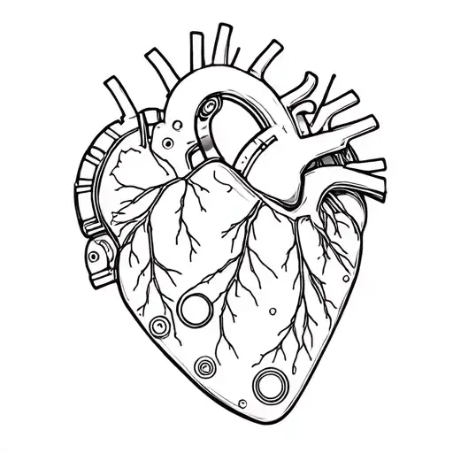 Mechanical heart with neon buttons and metallic plates black and white tattoo drawing style white tattoo design idea