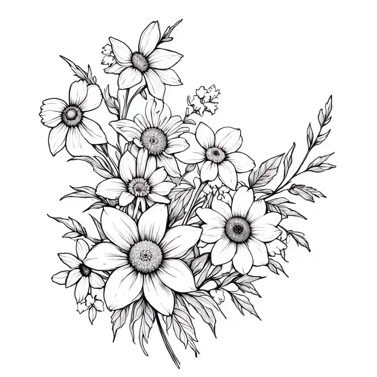flowing vine of wildflowers, daffodils, coneflowers, black-eyed susans, and dogwoods tattoo design idea