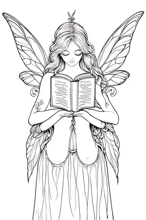 adult fairy reading a book in front of her face with her face covered tattoo design idea