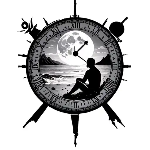  moon inside a time dial, words let it be, beach, mountain, lost in thought man sitting, minimal tattoo,less black ink tattoo design idea