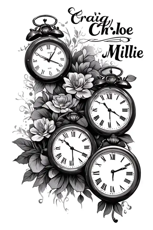 "Craig Chloe Millie" "Craig Chloe Millie" 3 clocks left shoulder tattoo design idea