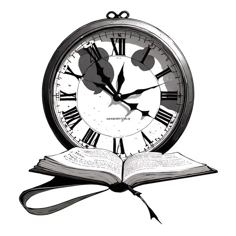 clock and book open in front tattoo design idea
