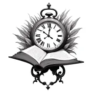 clock and book open in front tattoo design idea
