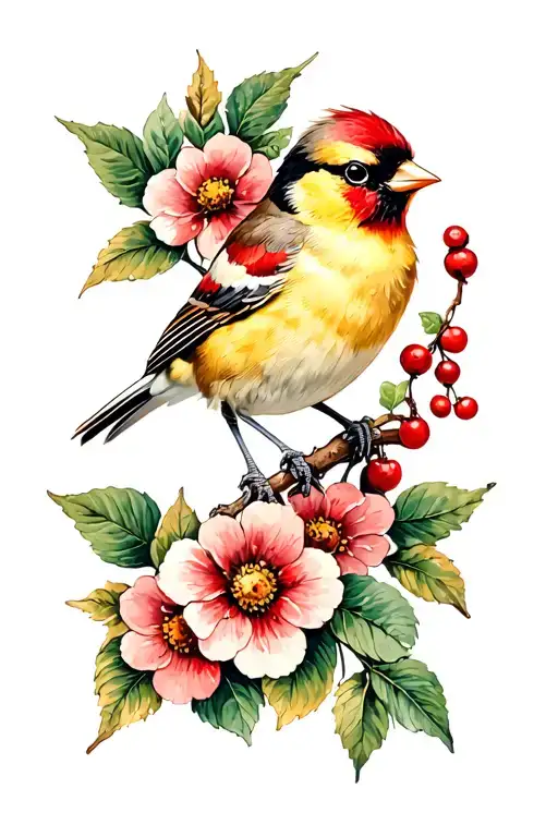 Goldfinch with flowers and berries wrapped loosely tattoo design idea