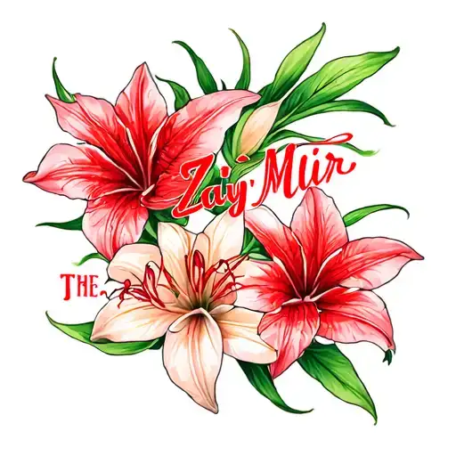 The Name Zay’Mir with red ink written in cursive and spider lily flowers around it forearm tattoo tattoo design idea