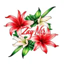 The Name Zay’Mir with red ink written in cursive and spider lily flowers around it forearm tattoo tattoo design idea