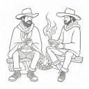 two best friends cowboys sitting around a campfire one is reading a book and the other is listening  they wear ponchos  tattoo design idea