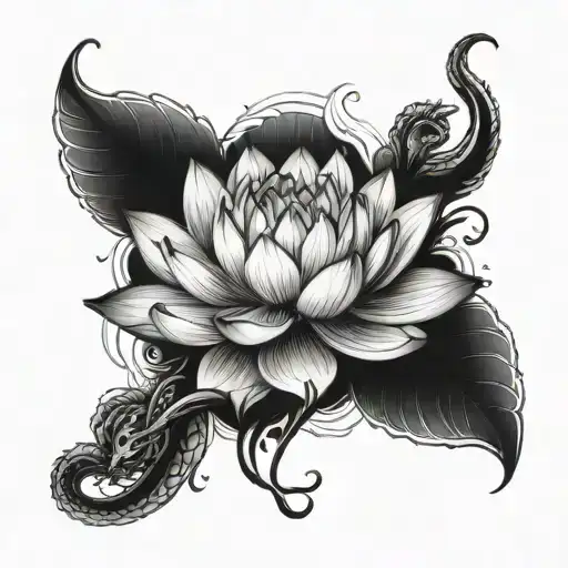 lotus flower with scars and a gorgon snake wrapped around it tattoo design idea