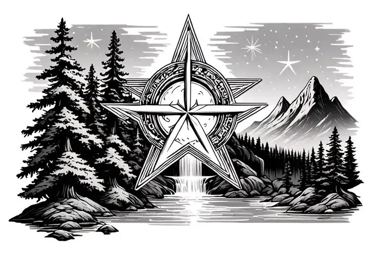nautical star surrounded by trees, mountains and a waterfall. above is the stars in the sky tattoo design idea