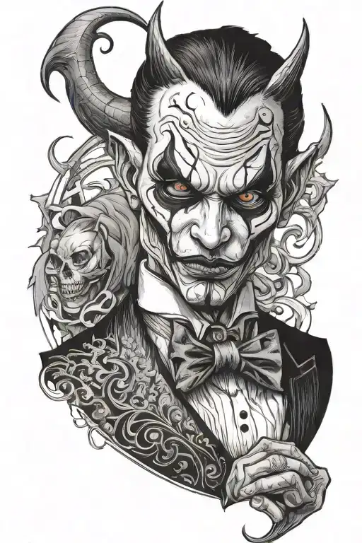 men with a devil face in a tuxedo sitting alone full body tattoo design idea