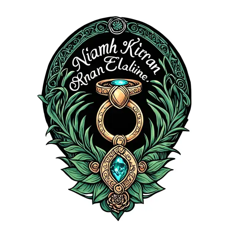 "Niamh  Kieran  Elaine" cladagh ring surrounded tattoo design idea