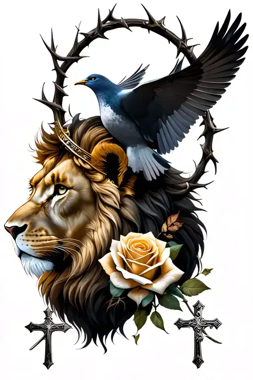 lion head with a thorn crown on its head, with a dove below the lion and then a rose below the dove and 3 crosses   tattoo design idea