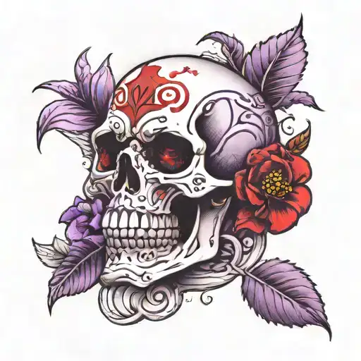 Pretty Tattoo of  red skull with magical purple flower. It pretty and small on hand.  tattoo design idea