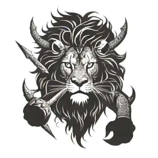 A lion with Taurus horns and Poseidon's trident tattoo design idea