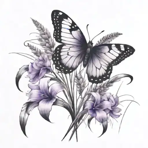 a small but tall clump of tall grass with purple flowers on it and butterfly's flying around tattoo design idea