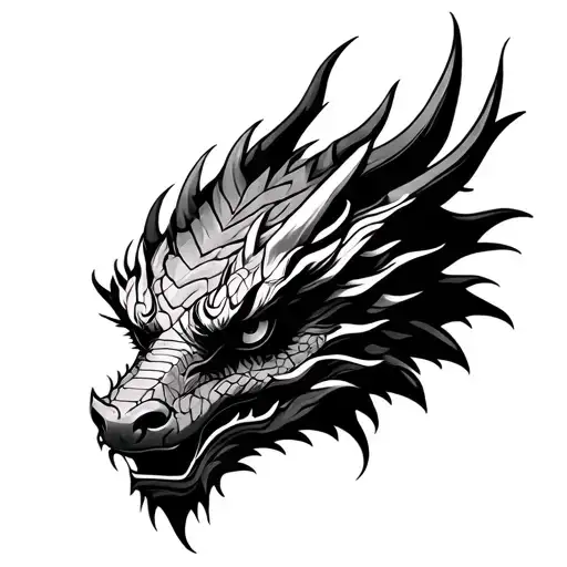 Dragon face tattoo, black, dark, medium size, simple, facing forward, ornamental tattoo design idea