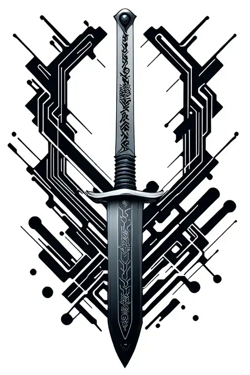A katana sword where the hilt transitions into a circuit board pattern tattoo design idea