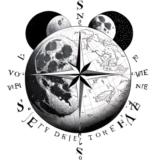 Sonder the word with moon phases and compass and map tattoo design idea